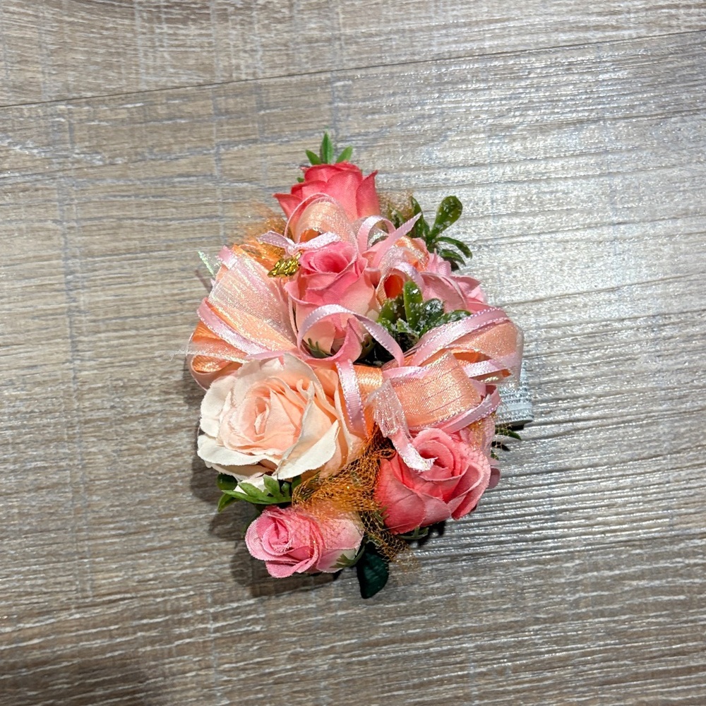 Peach & Pink Rose Corsage and Boutonniere